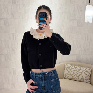 블랙 크롭 가디건 화이트 프릴칼라